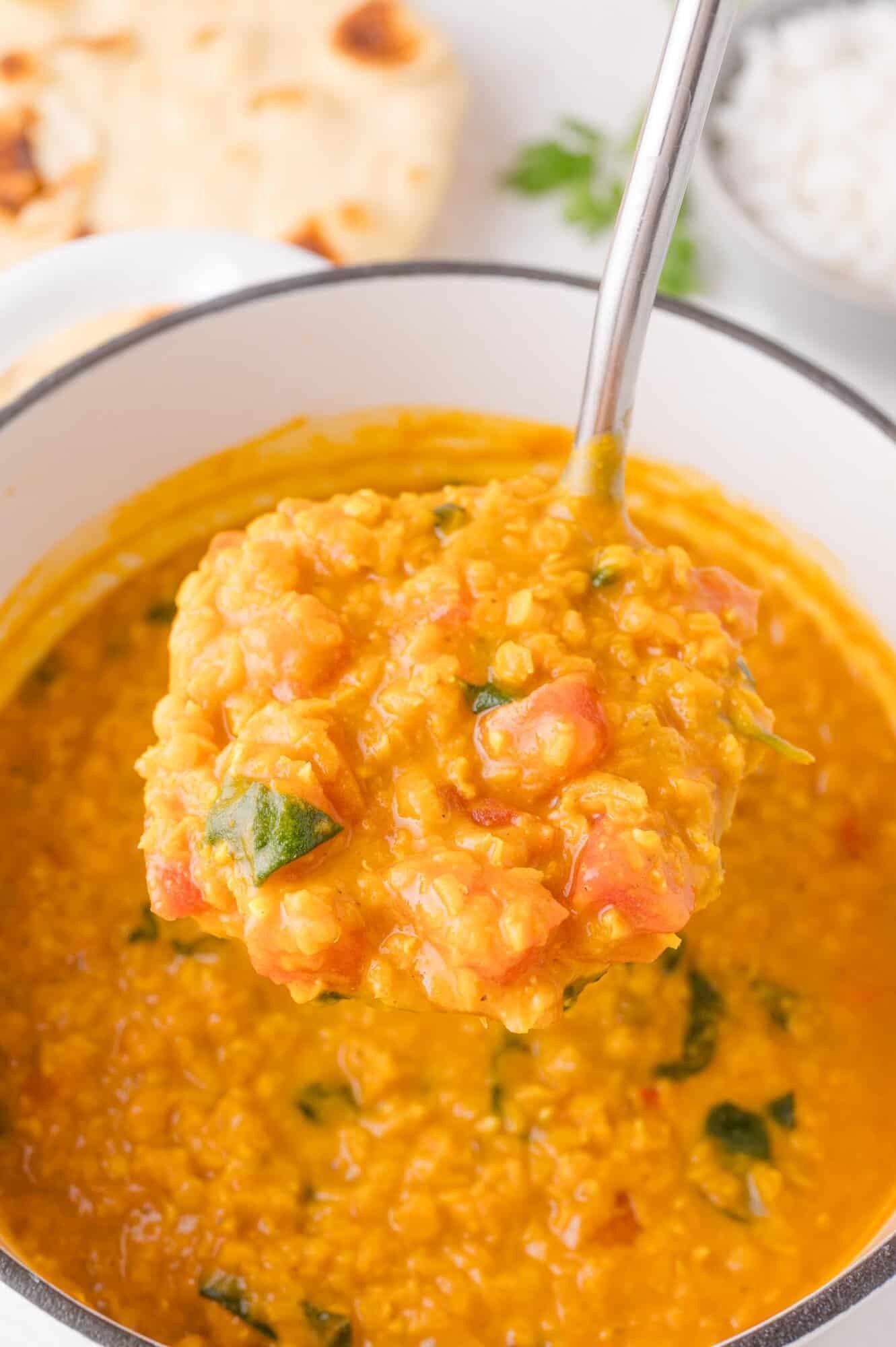 A ladle is lifting a serving of thick, red lentil curry with visible chunks of tomato and herbs from a pot.