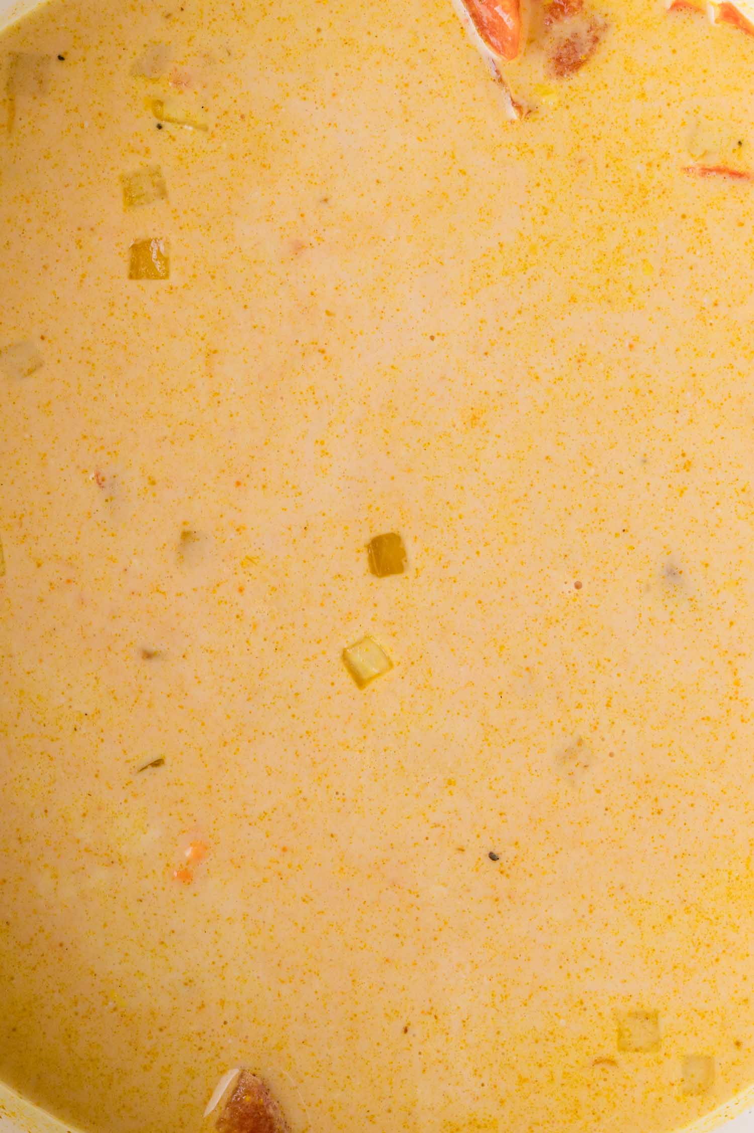 Close-up view of a creamy curry with visible small diced vegetables and seasoning, including pieces of tomato.