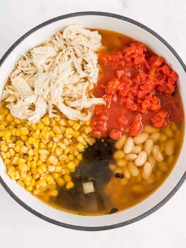 Overhead view of white chili not yet mixed together in a large blue and white pot.