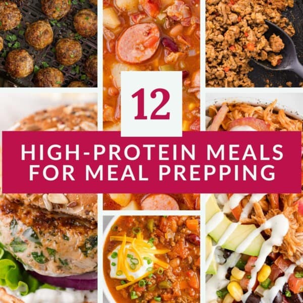 A collage of various high-protein meals surrounds a central text box that reads 12 High-Protein Meals for Meal Prepping in bold white letters on a red background.