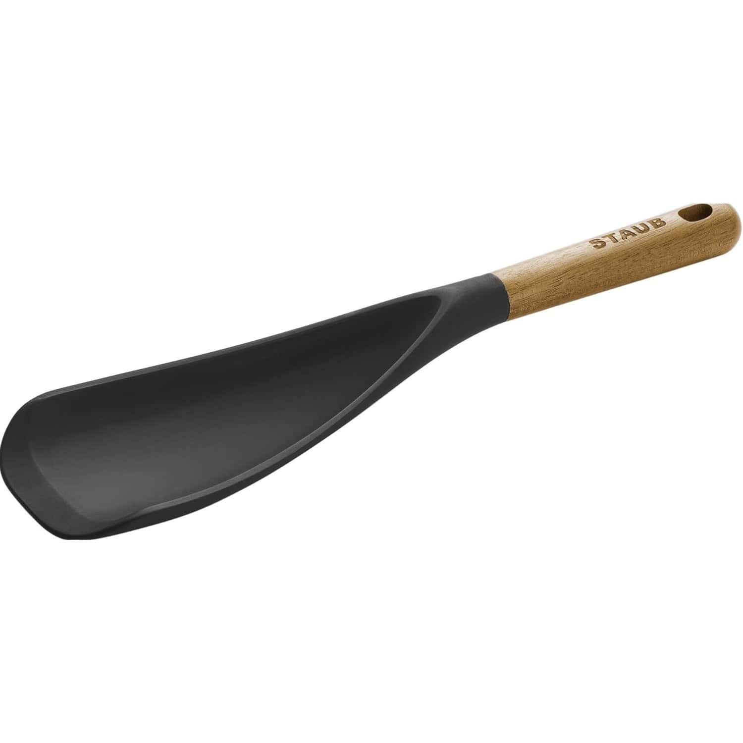A black silicone kitchen spatula with a flat edge and a light wooden handle, branded with the word STAUB.