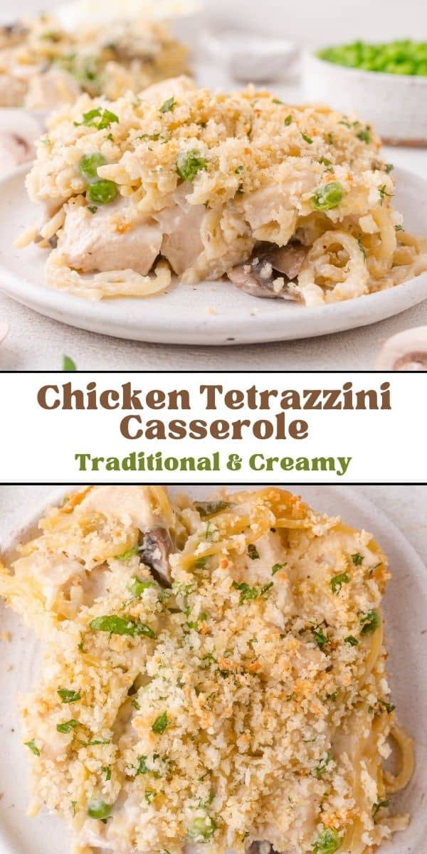 Chicken tetrazzini Pinterest graphic with text and photos.
