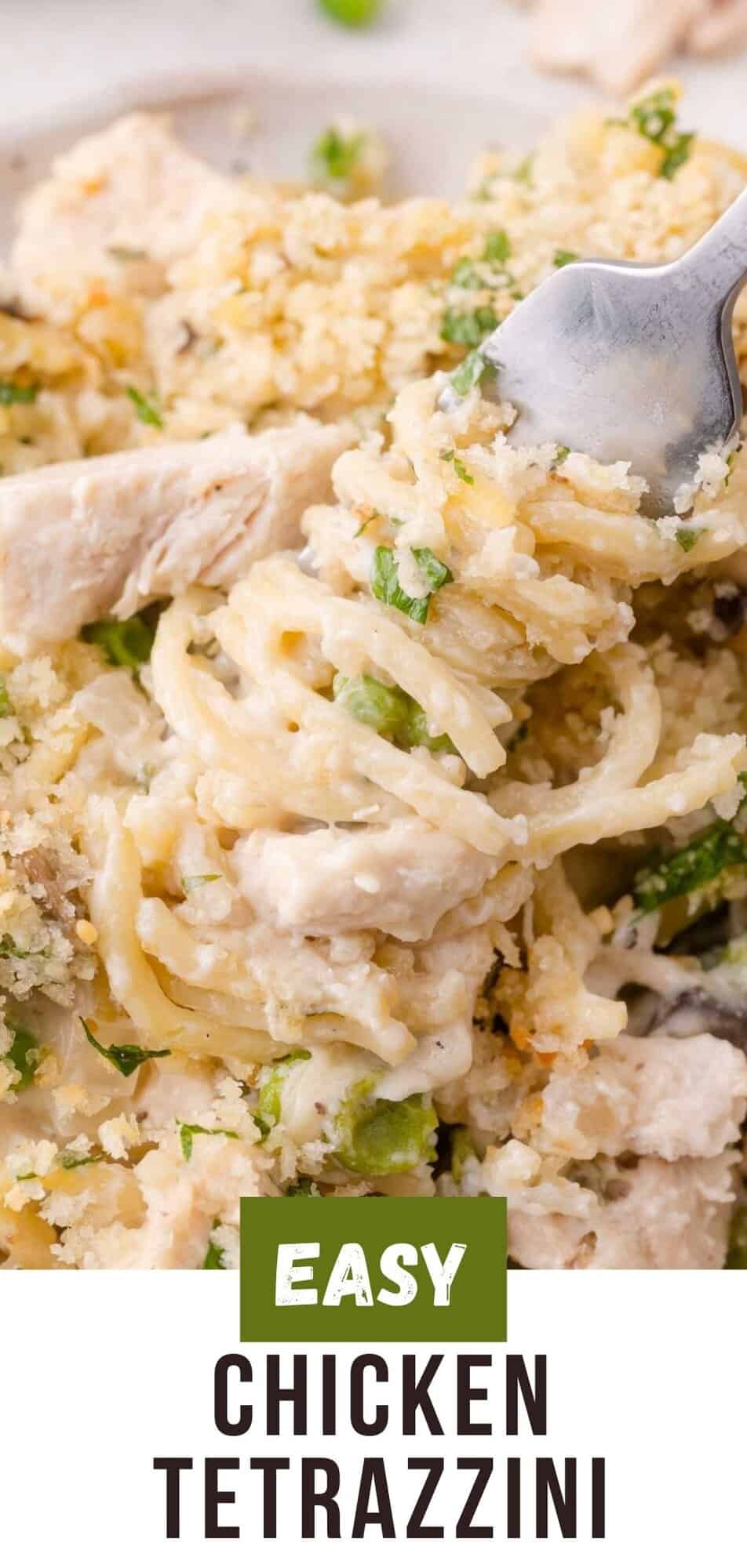 Chicken tetrazzini Pinterest graphic with text and photos.