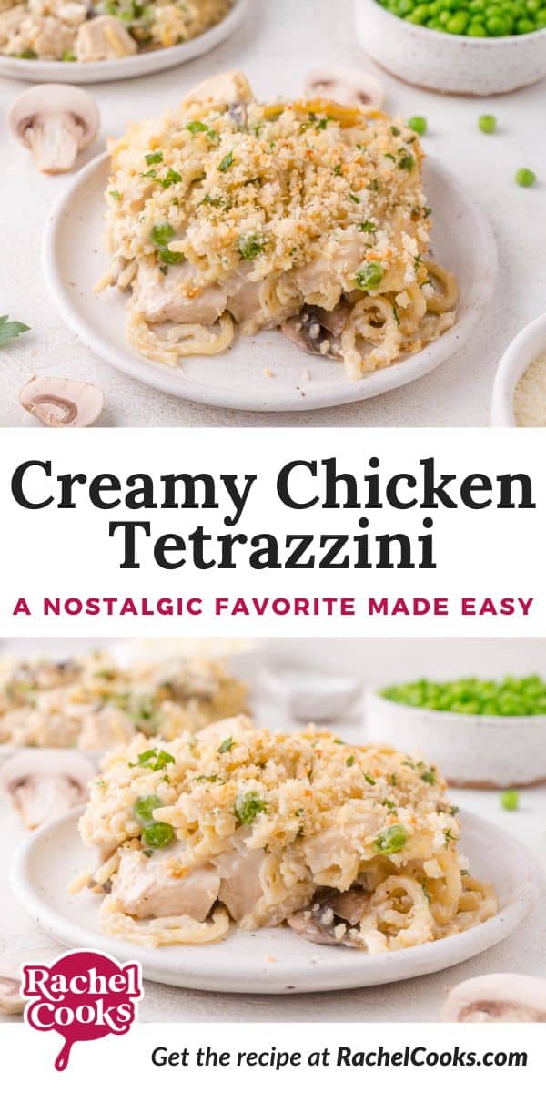 Chicken tetrazzini Pinterest graphic with text and photos.