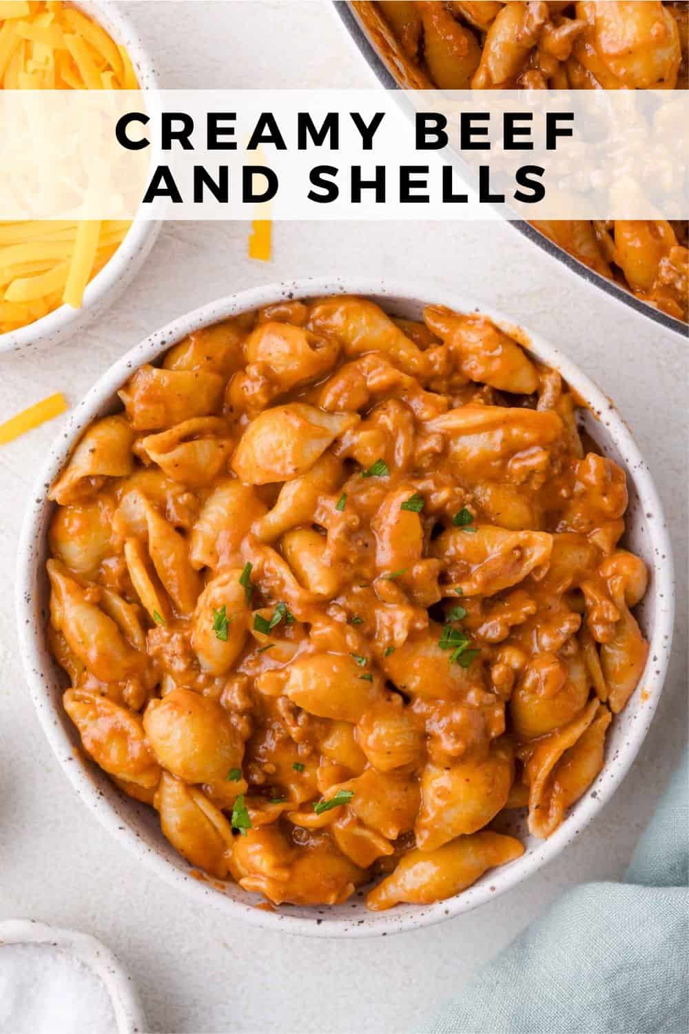 Creamy Beef and Shells Pinterest graphic with text and photos.