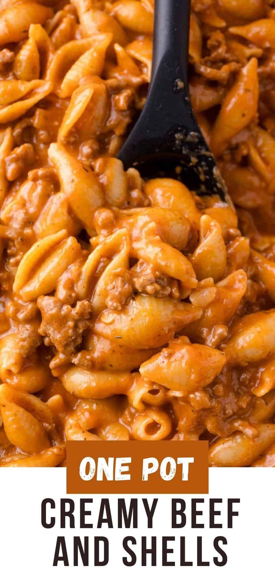 Creamy Beef and Shells Pinterest graphic with text and photos.