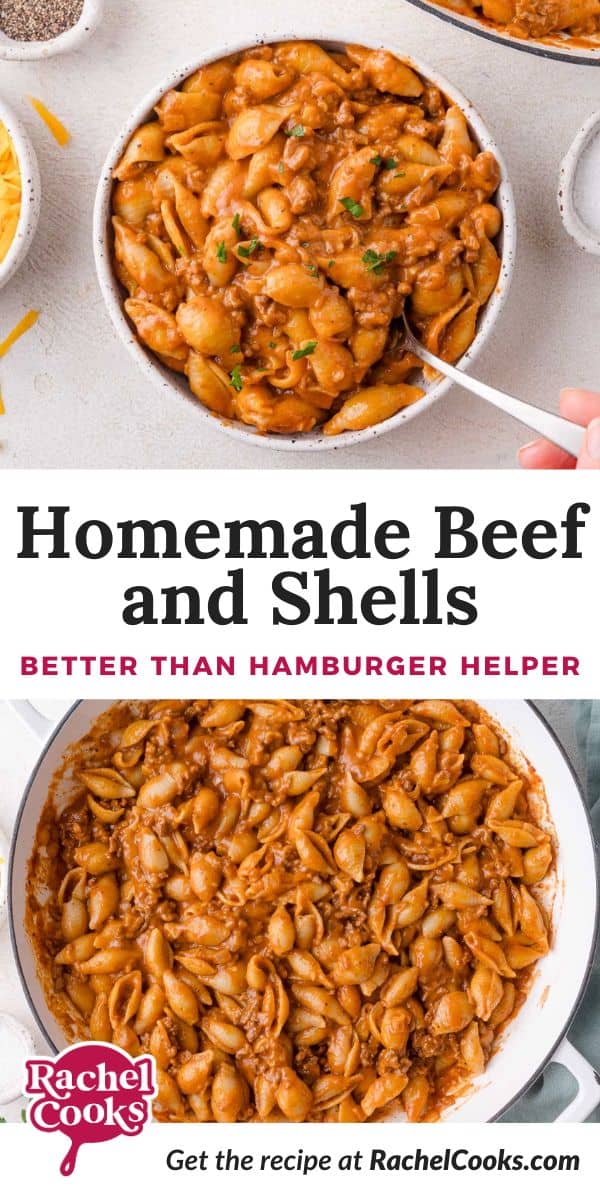 Creamy Beef and Shells Pinterest graphic with text and photos.