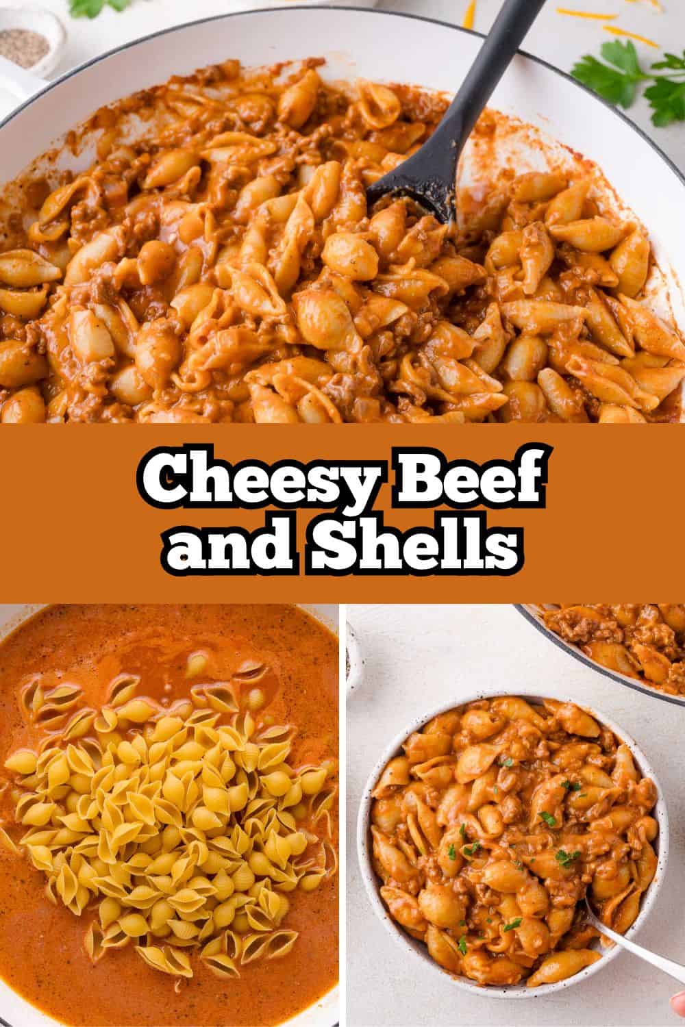 Creamy Beef and Shells Pinterest graphic with text and photos.