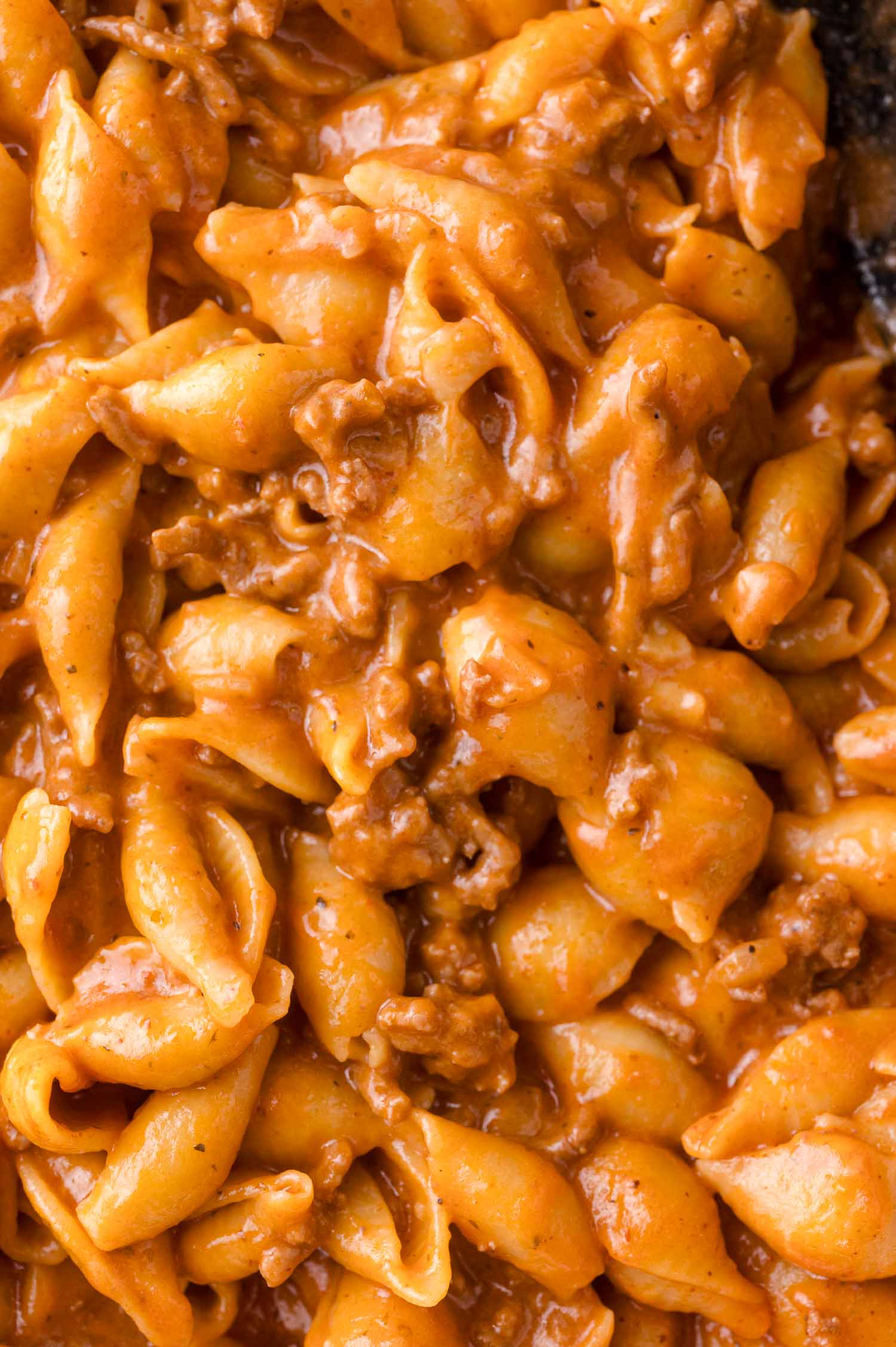 Close-up of pasta shells in a creamy tomato sauce with ground meat.