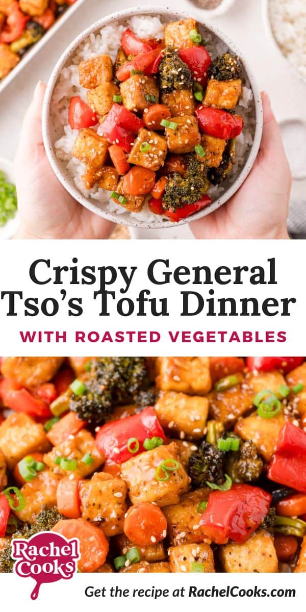 General Tso's Tofu Sheet Pan Dinner Pinterest graphic with text and photos.