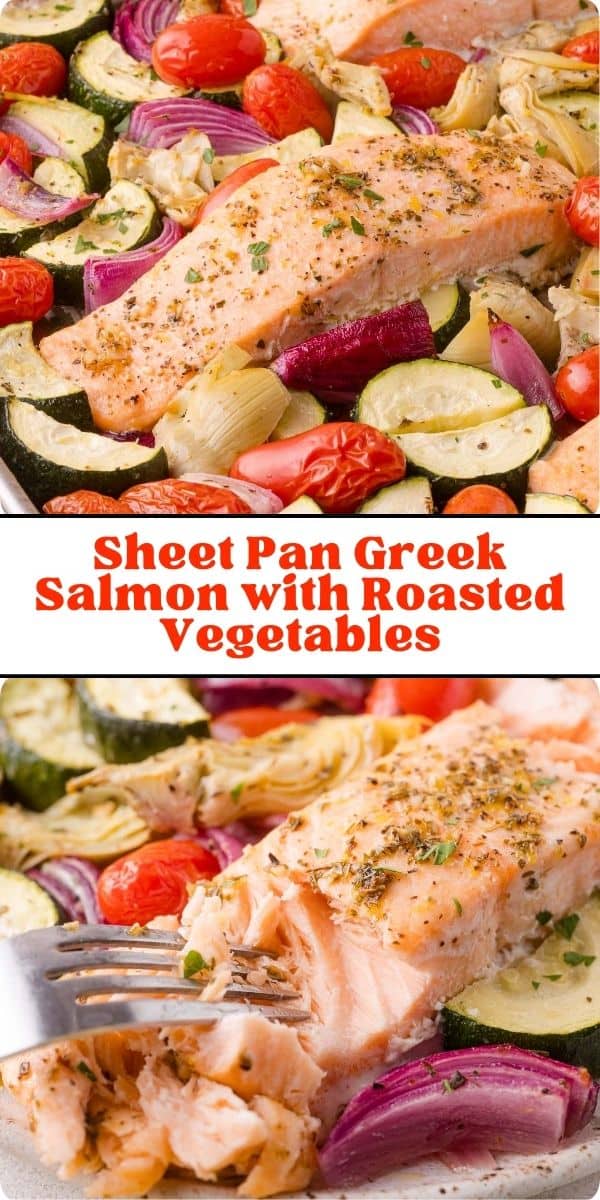 Greek Salmon Sheet Pan Dinner Pinterest graphic with text and photos.