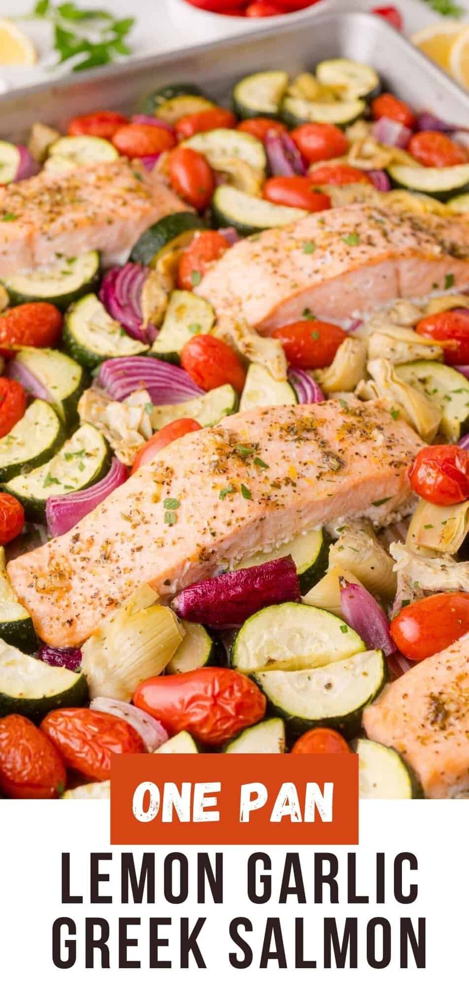 Greek Salmon Sheet Pan Dinner Pinterest graphic with text and photos.