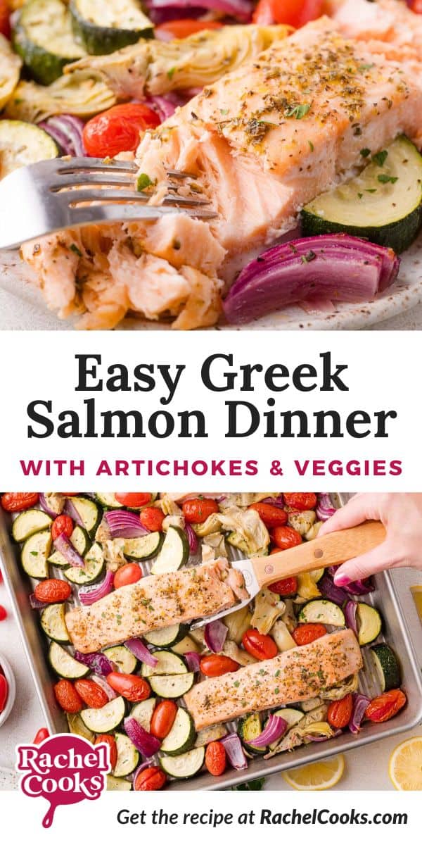 Greek Salmon Sheet Pan Dinner Pinterest graphic with text and photos.