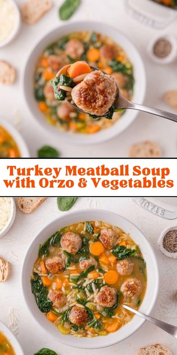 Meatball soup Pinterest graphic with text and photos.