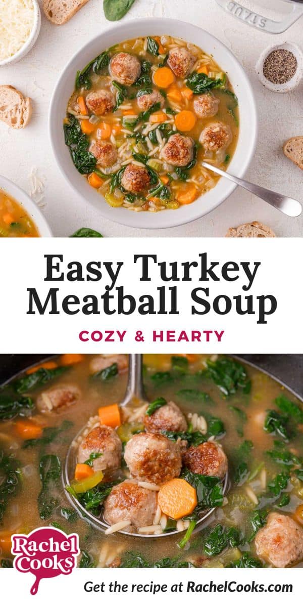 Meatball soup Pinterest graphic with text and photos.