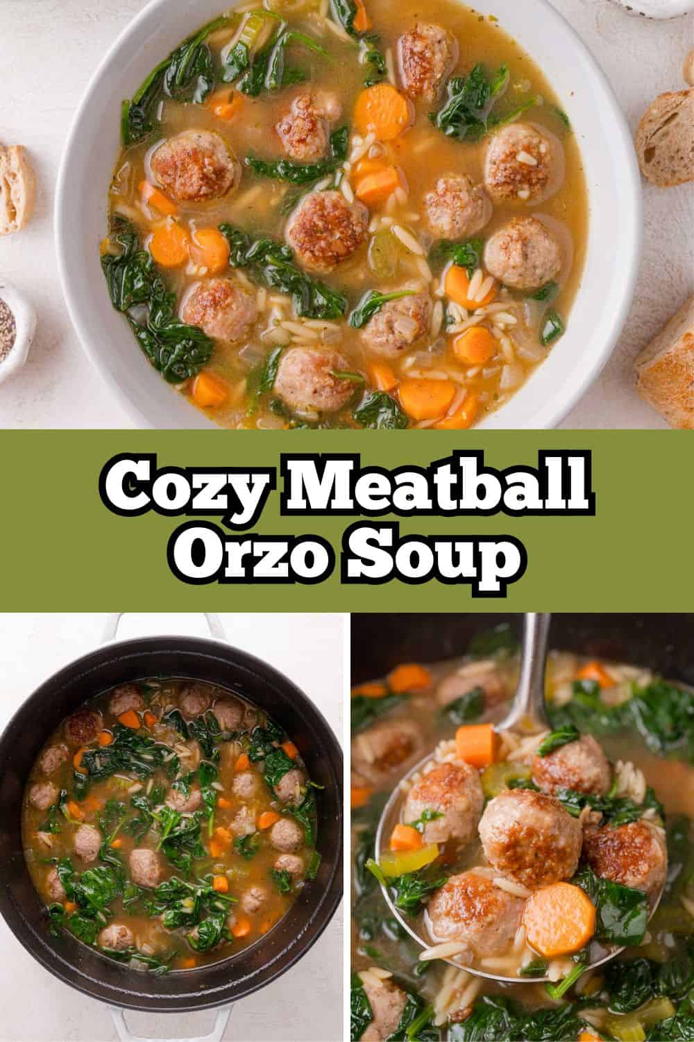 Meatball soup Pinterest graphic with text and photos.