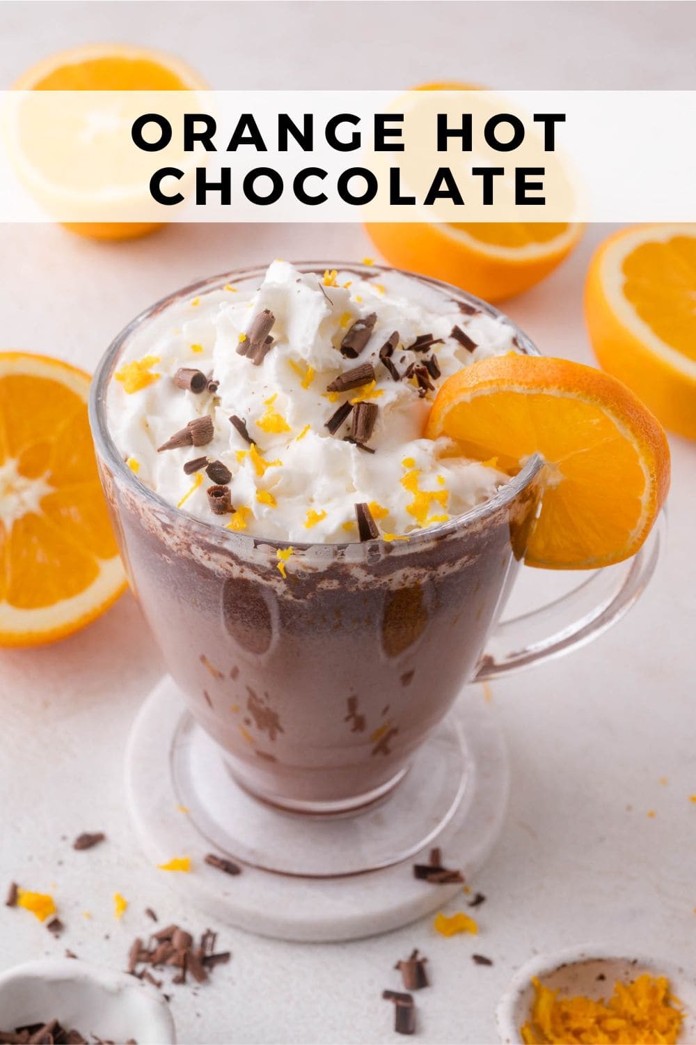 Orange hot chocolate Pinterest graphic with text and photos.