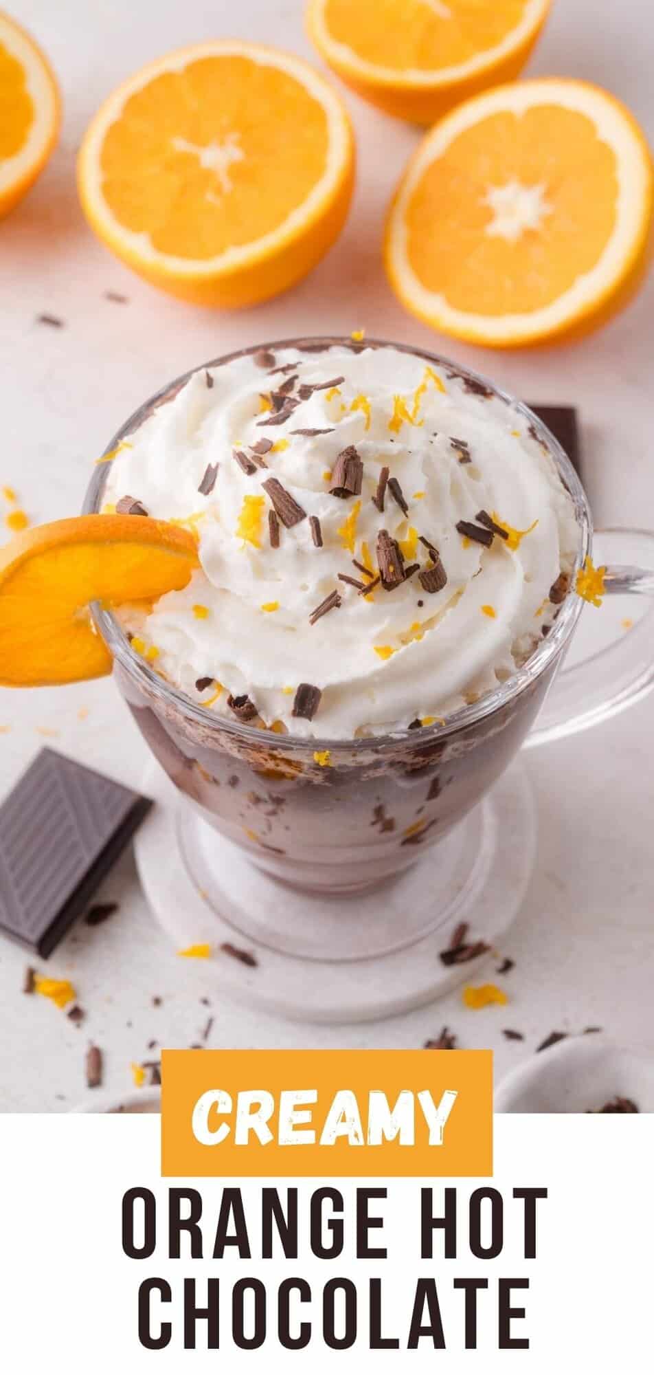 Orange hot chocolate Pinterest graphic with text and photos.