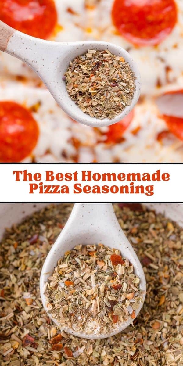 Pizza seasoning Pinterest graphic with text and photos.