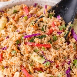 Close-up of a quinoa salad with chopped red bell peppers, cucumbers, purple cabbage, peanuts, and cilantro, being mixed with a black spoon.