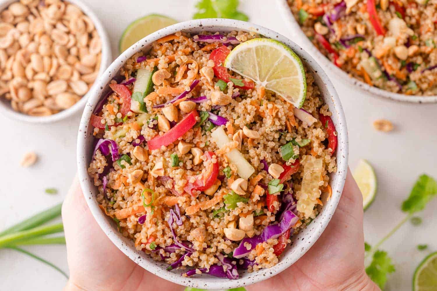 A hand holds a bowl of quinoa salad with red peppers, purple cabbage, carrots, scallions, chopped peanuts, and a lime wedge, with another bowl and peanuts in the background.