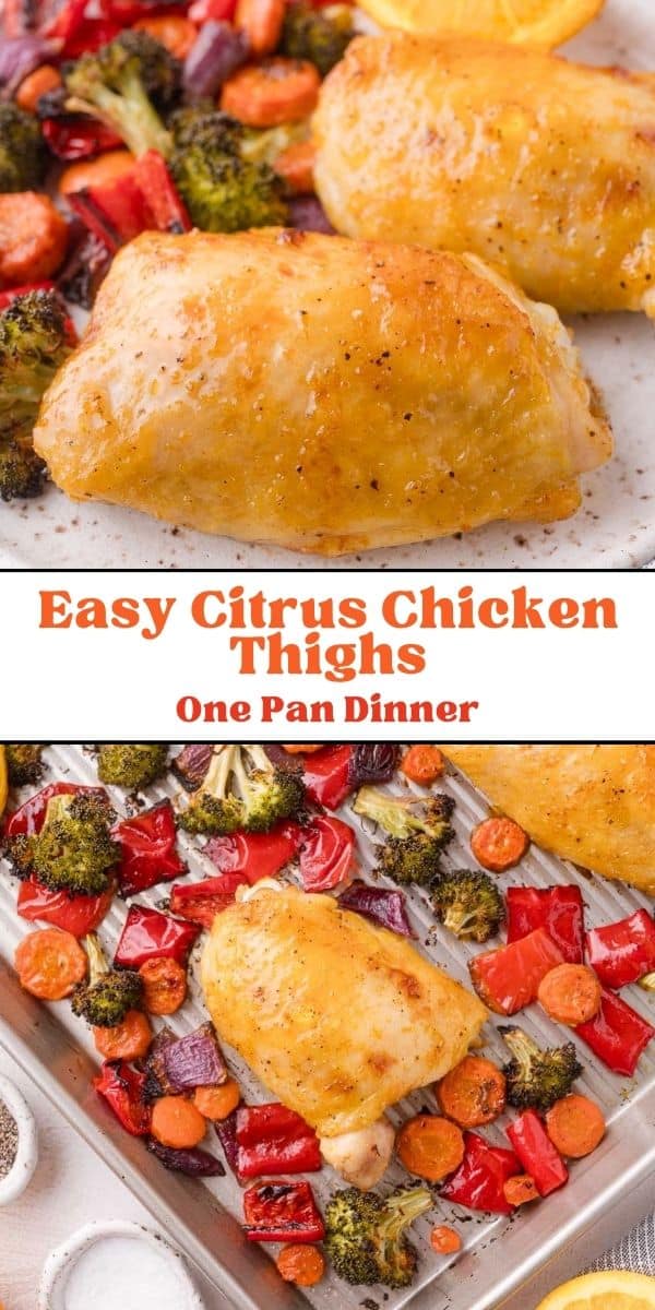 Sheet Pan Citrus Chicken and Rainbow Vegetables Pinterest graphic with text and photos.
