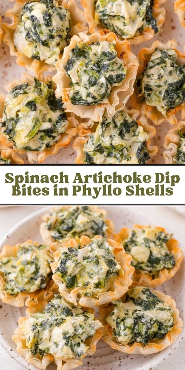 Spinach artichoke bites Pinterest graphic with text and photos.