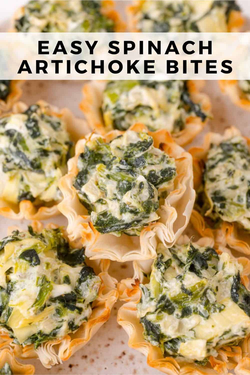 Spinach artichoke bites Pinterest graphic with text and photos.