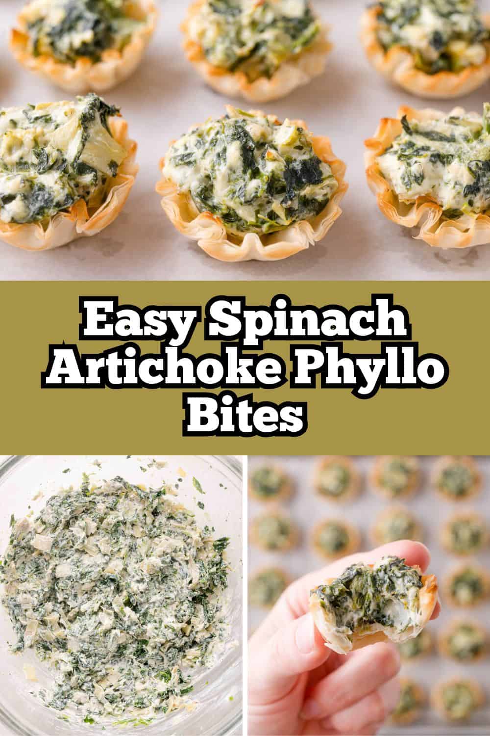 Spinach artichoke bites Pinterest graphic with text and photos.