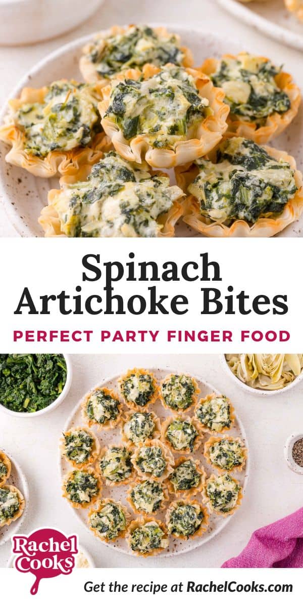 Spinach artichoke bites Pinterest graphic with text and photos.