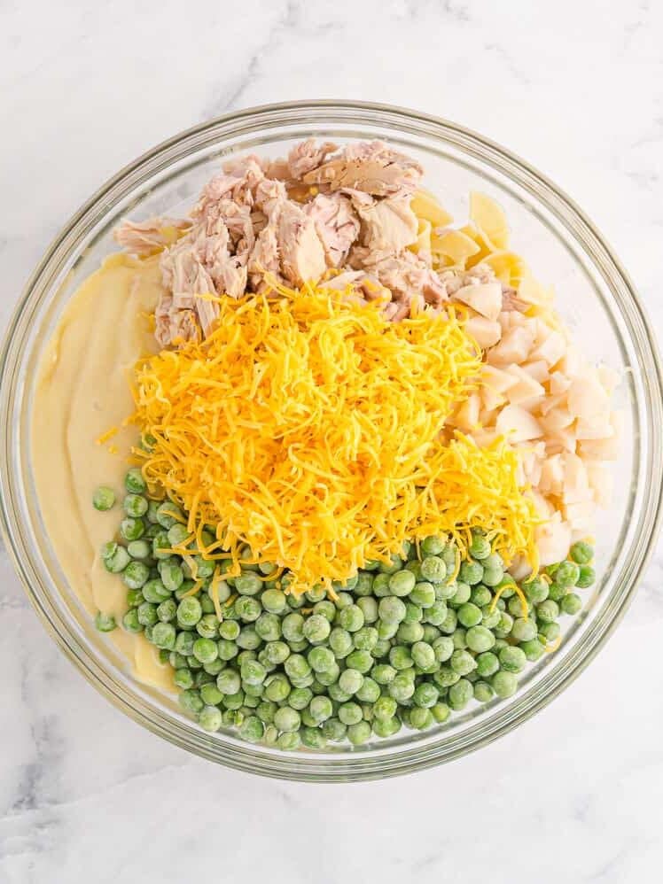 Ingredients in a large glass mixing bowl.