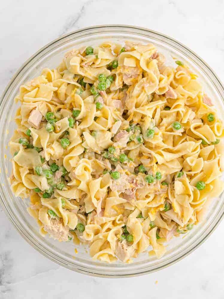 Casserole ingredients in mixing bowl.