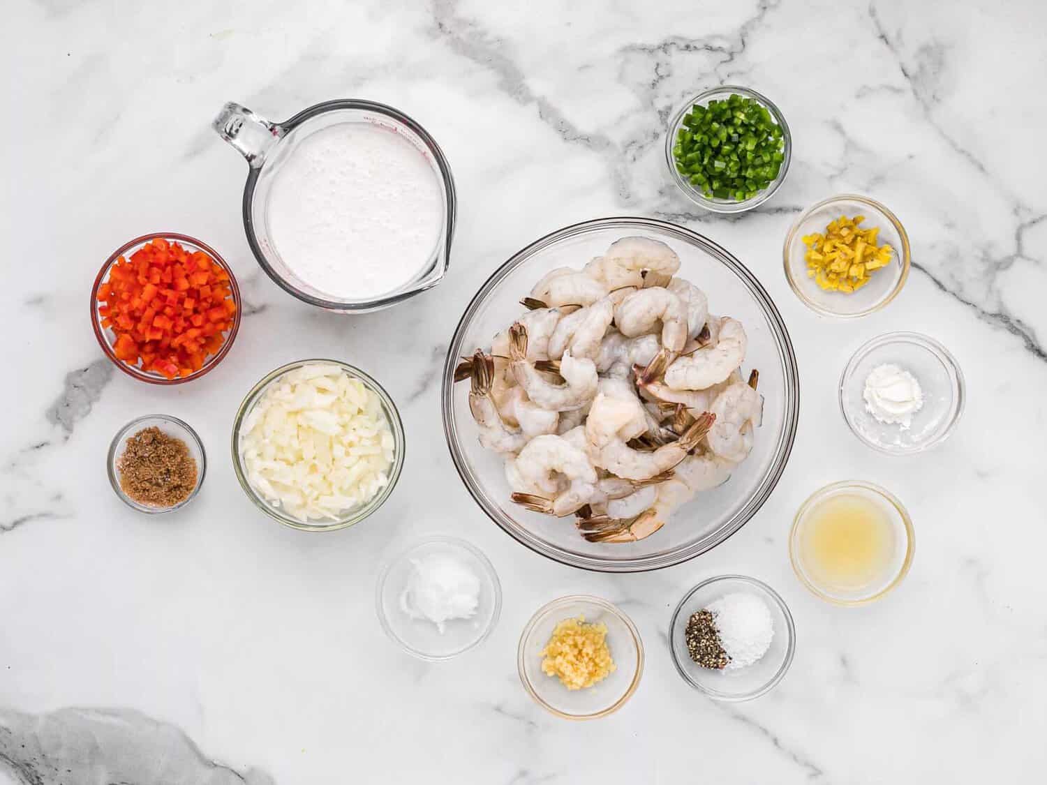 Ingredients needed for recipe, including shrimp.
