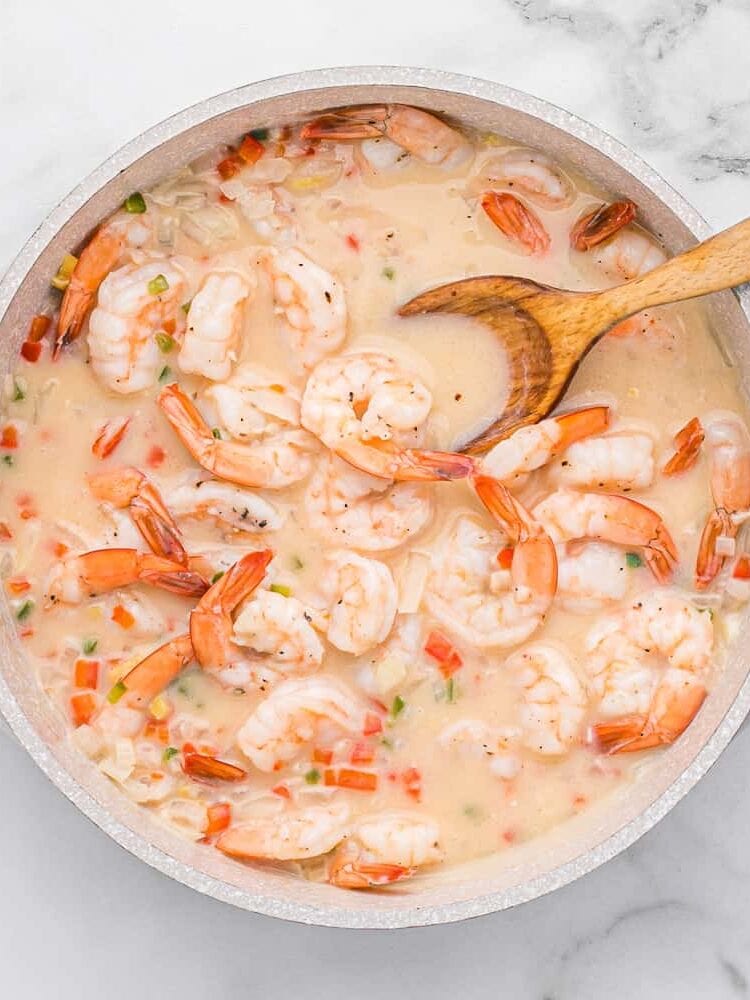 Shrimp added back to pan.