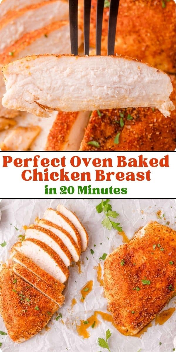 Baked Chicken Breast Pinterest graphic with text and photos.
