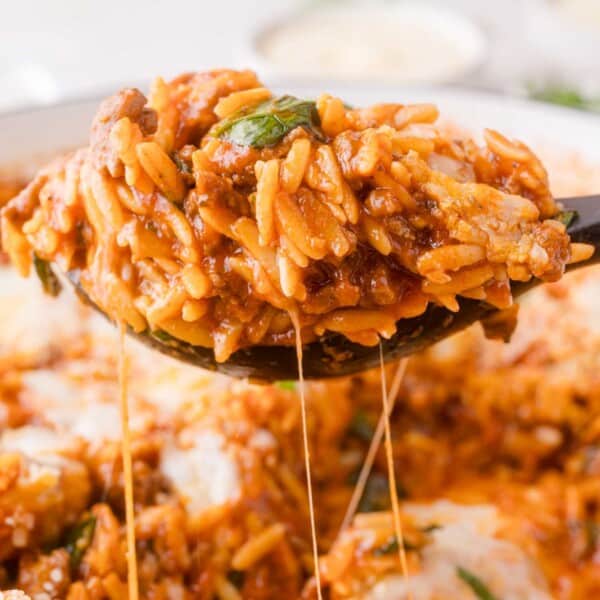 A close-up of a spoonful of cheesy orzo pasta mixed with ground meat, tomato sauce, and spinach, with melted cheese stretching from the spoon.