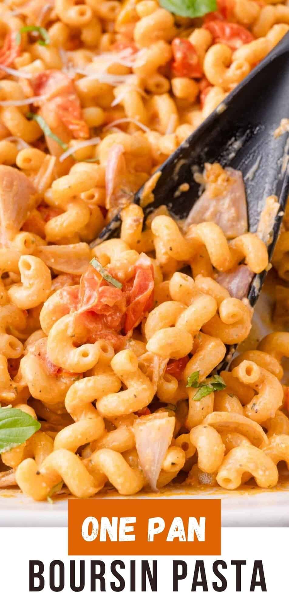 Boursin pasta Pinterest graphic with text and photos.