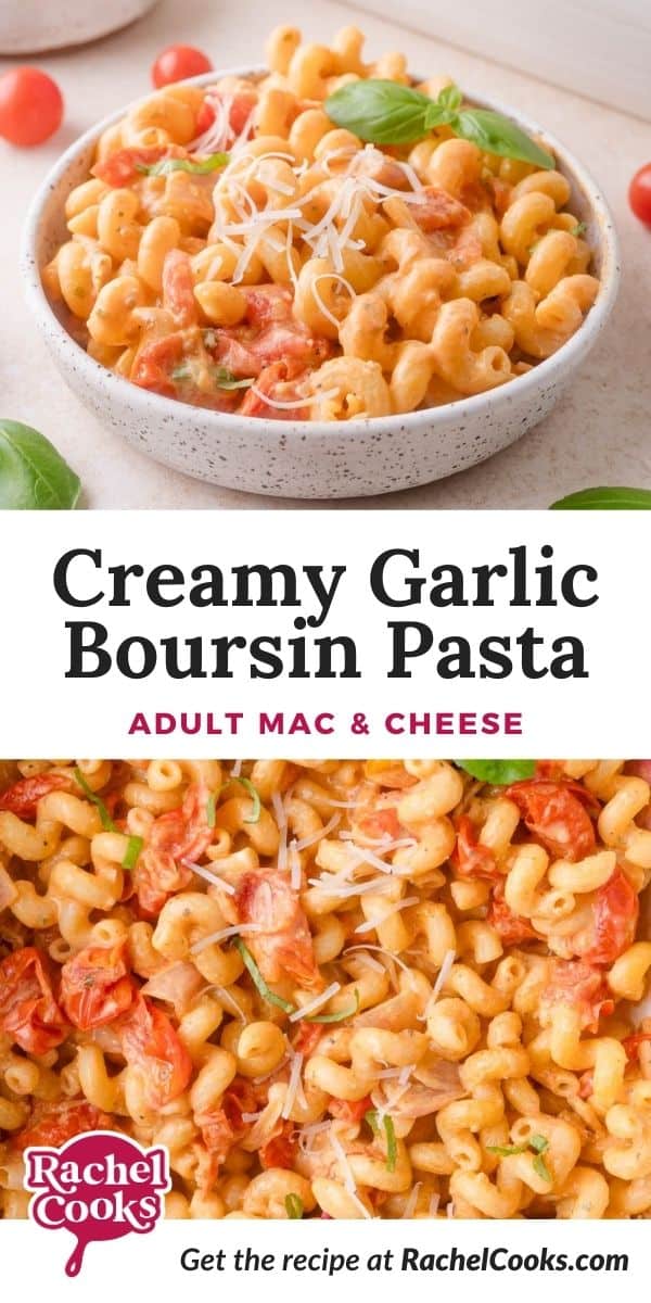 Boursin pasta Pinterest graphic with text and photos.