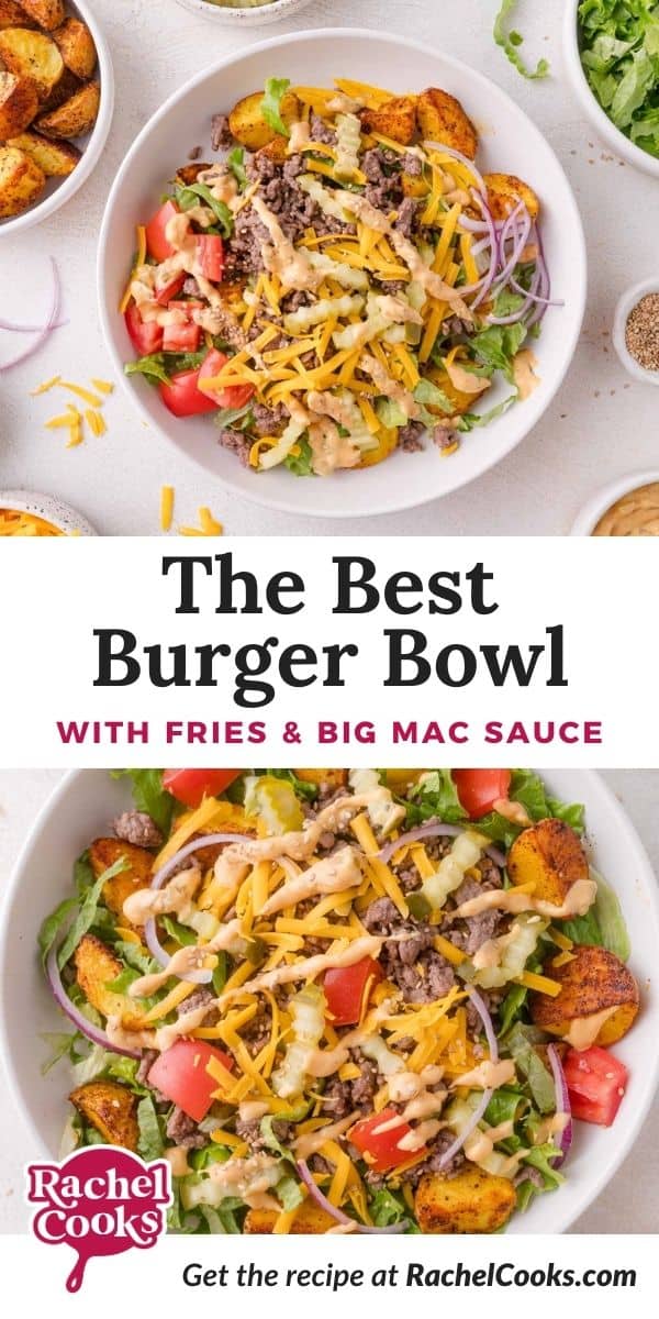 Burger bowl Pinterest graphic with text and photos.