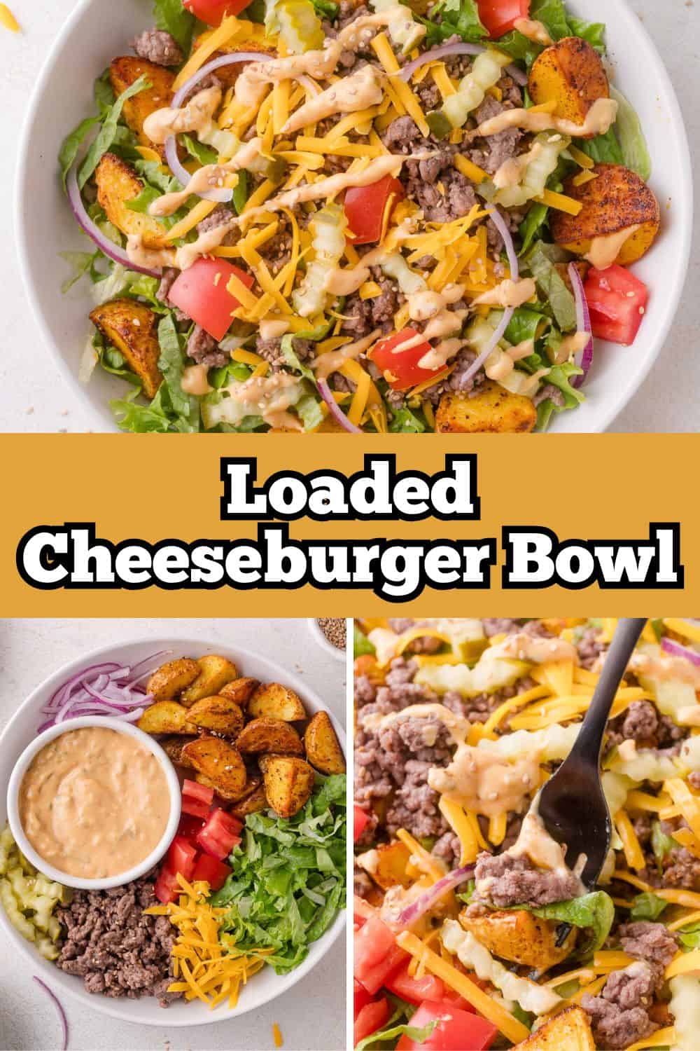 Burger bowl Pinterest graphic with text and photos.