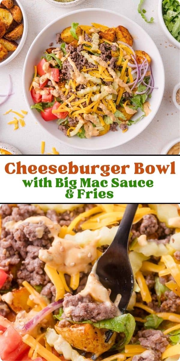 Burger bowl Pinterest graphic with text and photos.