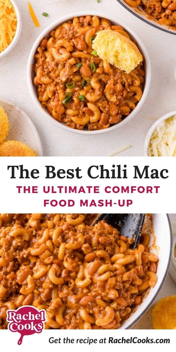 Chili mac Pinterest graphic with text and photos.
