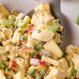A close-up of curried chicken salad with chunks of chicken, apple slices, celery, raisins, and green onions, being served with a gray spoon.