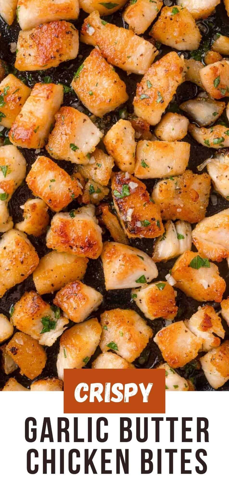 Garlic butter chicken bites Pinterest graphic with text and photos.