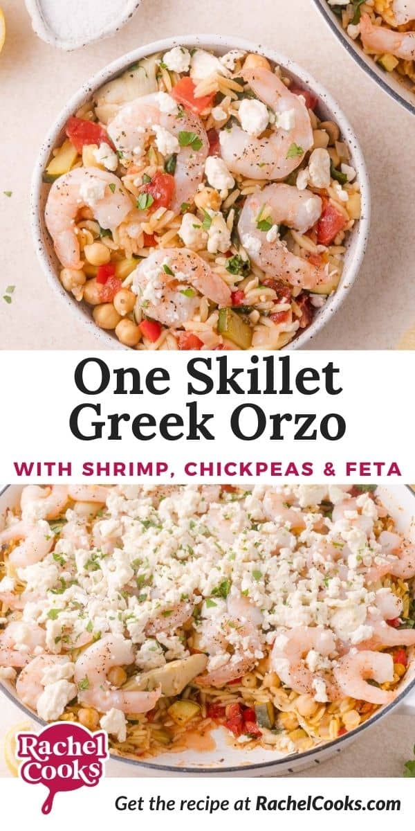 Greek baked orzo Pinterest graphic with text and photos.