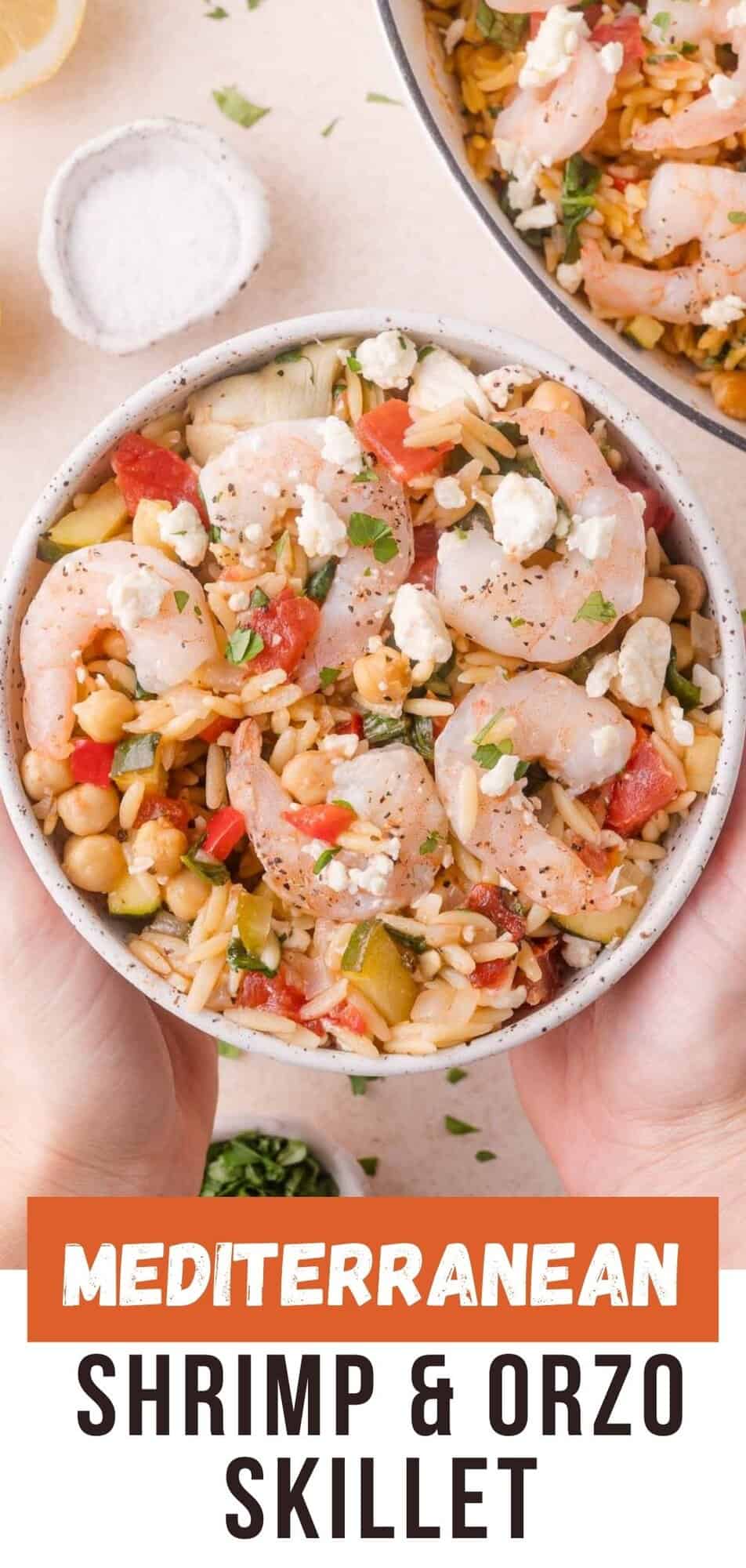 Greek baked orzo Pinterest graphic with text and photos.