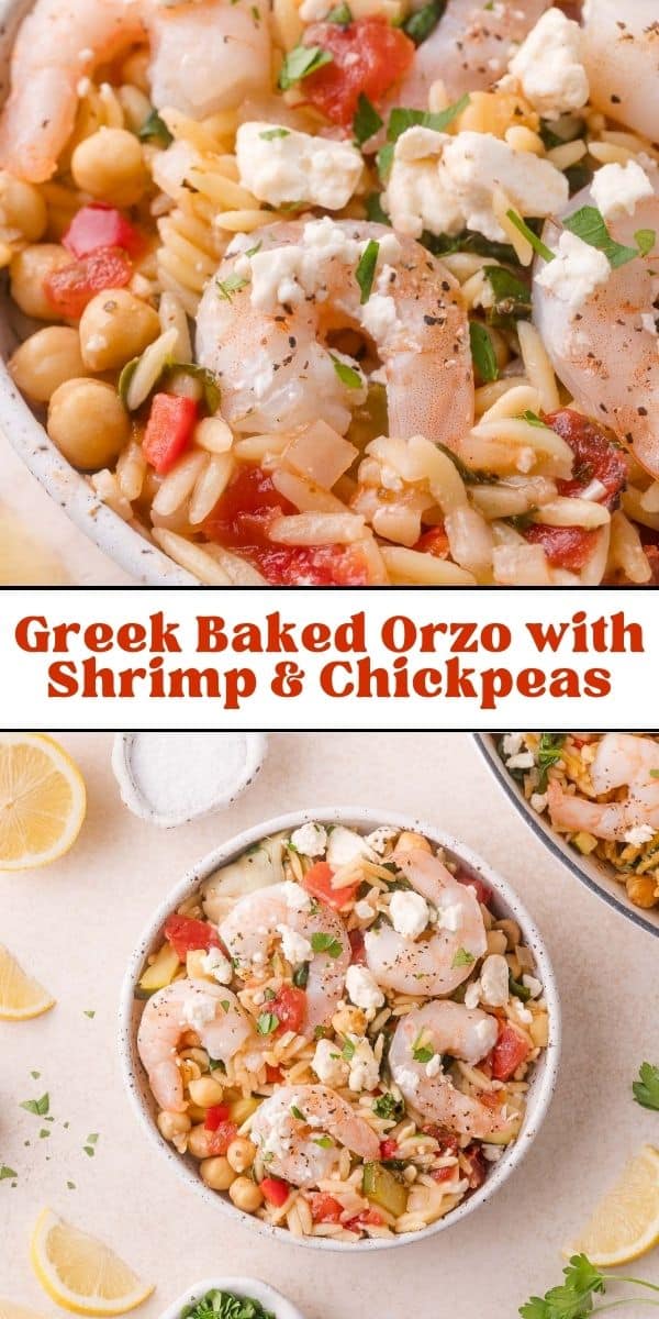 Greek baked orzo Pinterest graphic with text and photos.