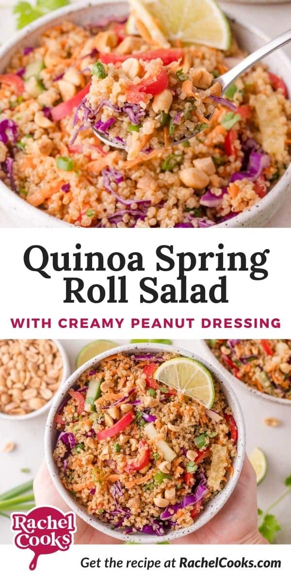Quinoa Spring Roll Salad Pinterest graphic with text and photos.