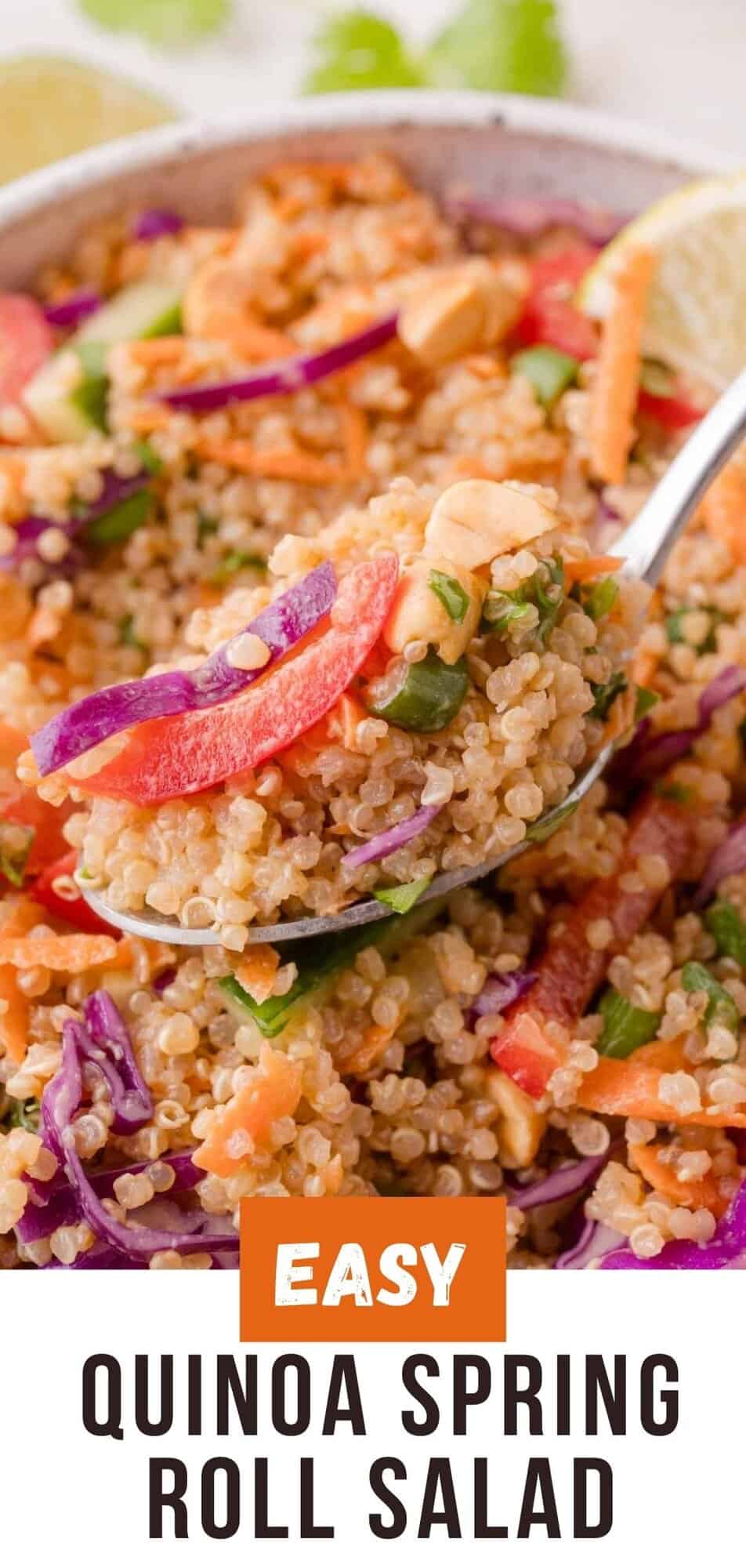 Quinoa Spring Roll Salad Pinterest graphic with text and photos.