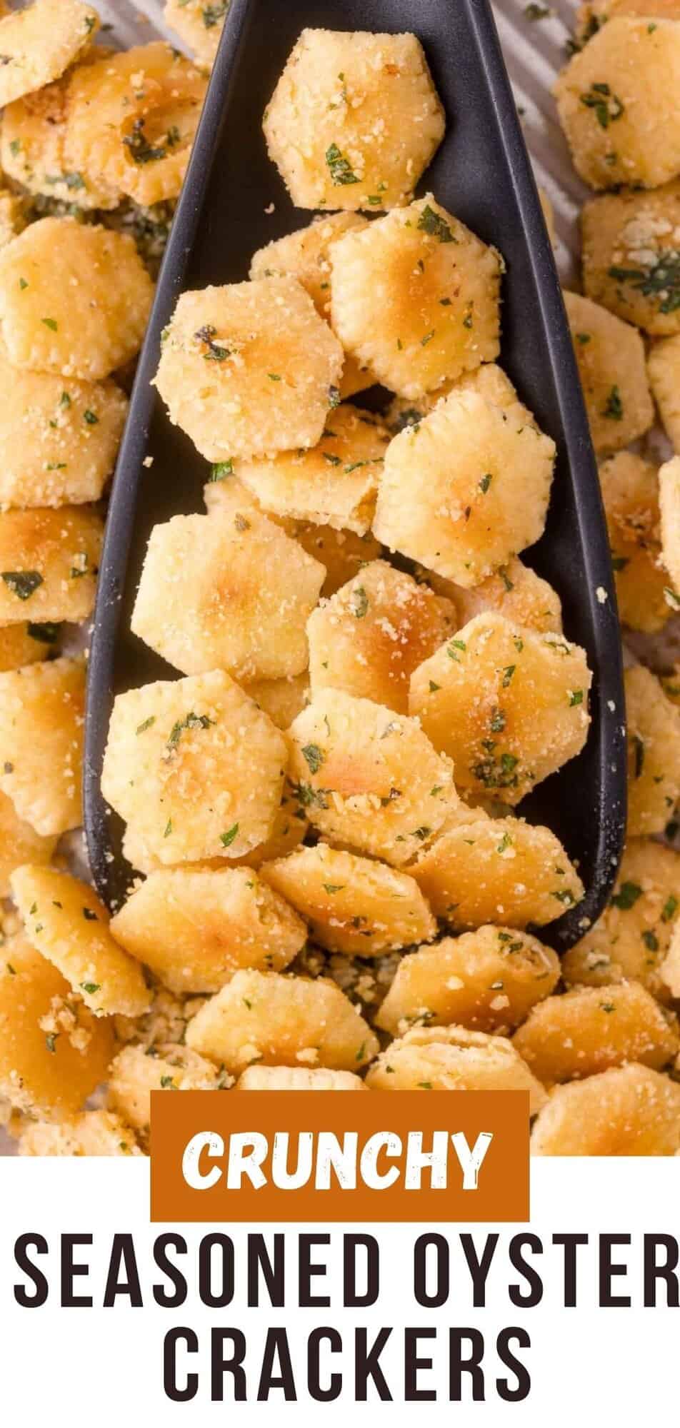 Seasoned oyster crackers Pinterest graphic with text and photos.